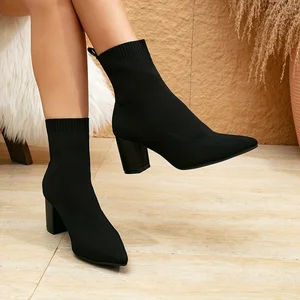 Hot Sale Women Autumn Winter Plus Size Pointed Elastic Knitting Slip-on Black Color Fashion Outdoor Ankle Boots