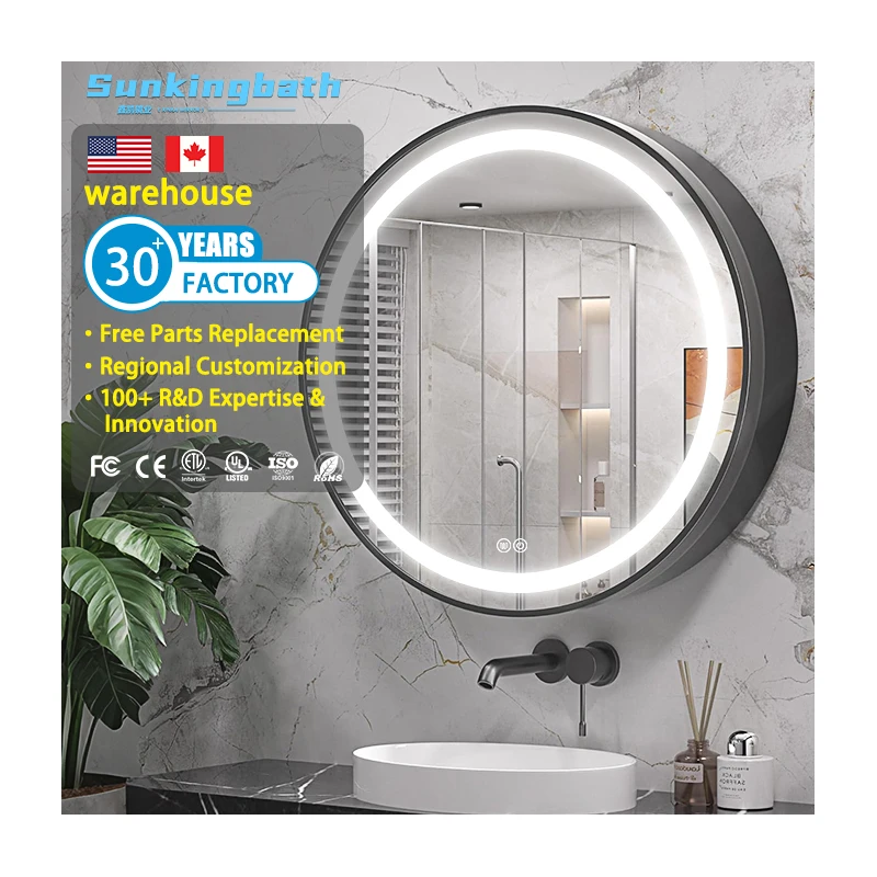 30 Inch Round Led Medicine Cabinet Aluminum Black Bathroom Cabinet Defogger Illuminated Mirror Cabinet for Hotel Bathroom