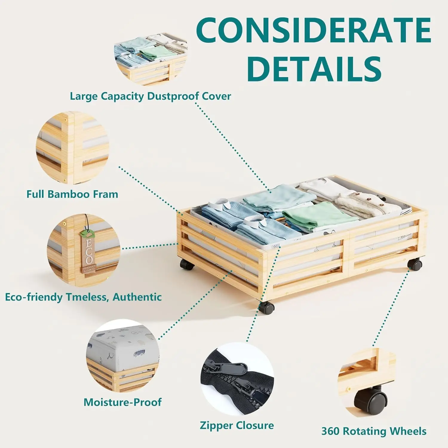 Bamboo Under Bed Storage Containers Underbed Organizer with Wheels with Large Dust Bag Sturdy Wood Rolling Under the Bed