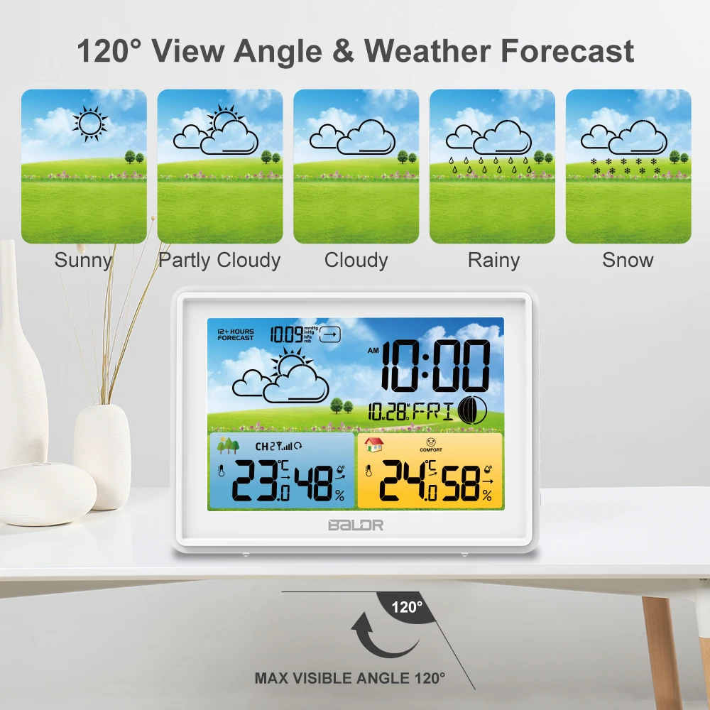 BALDR Digital Weather Station Temperature and Humidity Sensor Alarm Clock Weather Forecast Indoor Outdoor Meteorological