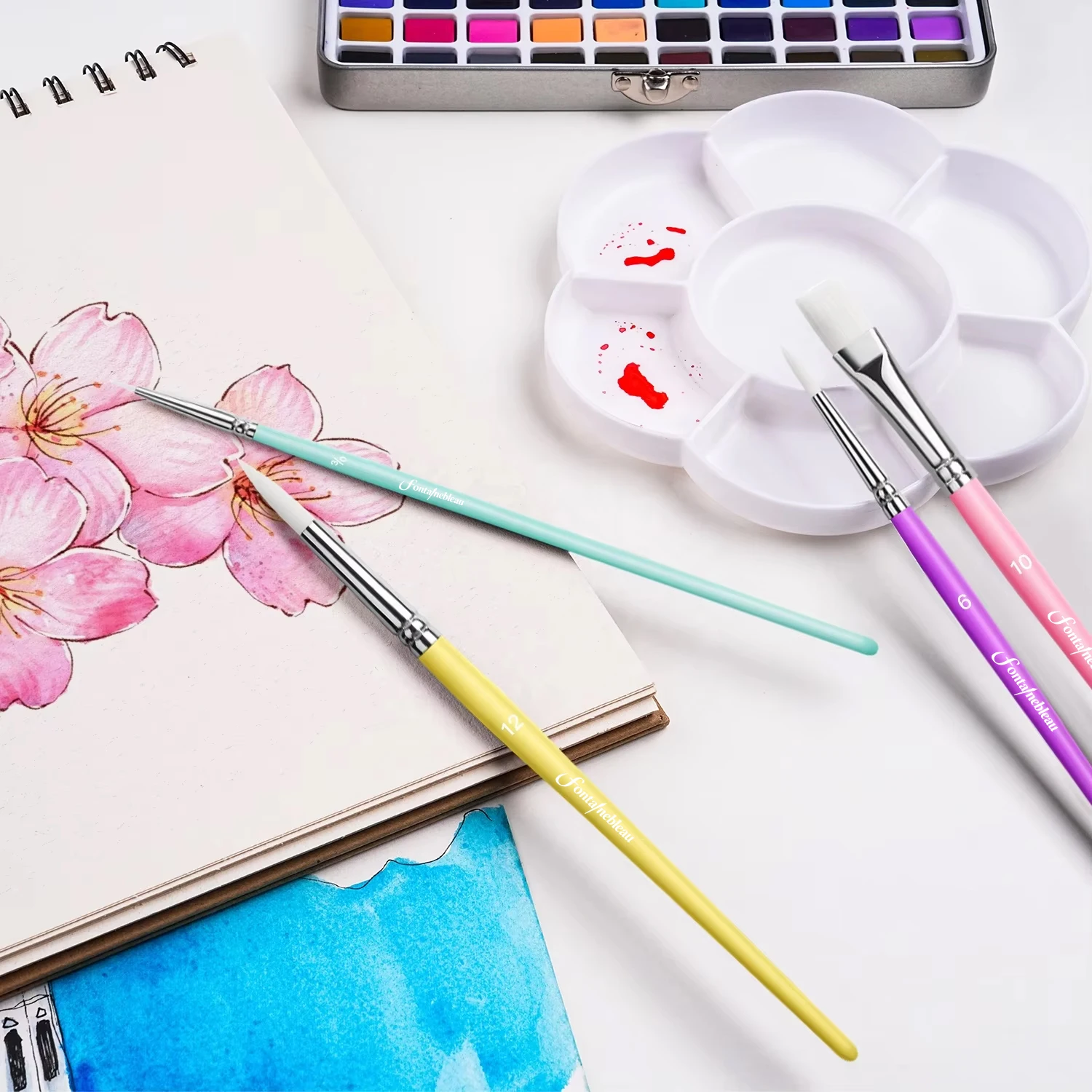 4PCS Nylon Hair Round Flat Paint Brush Manufacture China for Watercolor Acrylic Oil Painting Wooden Handle Artist Paint Brush