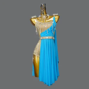 Blue Rhinestone Tassel Women Latin Dance Dress Professional Performance Costume Girls Dance Costume Party Evening Gown Dress