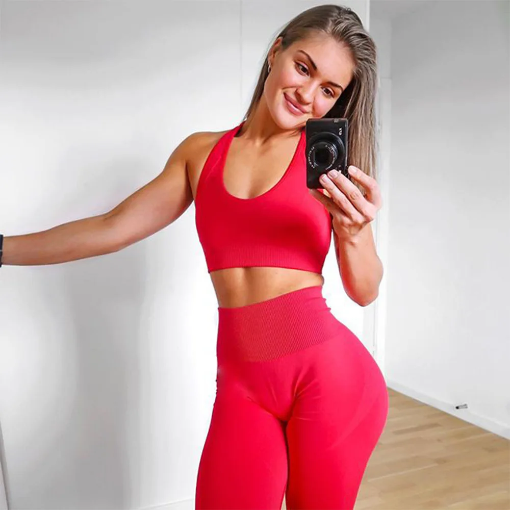 YHWW Yoga Clothes,Women Seamless Yoga Set Sports Gym Set Crop Top Bra Pad  Elastic high Waist Yoga Pant Solid Yoga Outfit Fitness Set Gym Clothing,Red  Set,Asian Size L : : Clothing, Shoes
