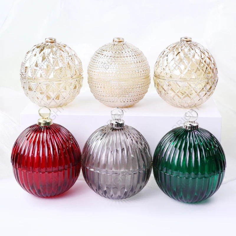 Factory Wholesale Unique Different Design Glossy Candle Vessel Round Glass Ball Shape Christmas Candle Jars With Lid