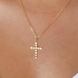 Custom Cross Necklaces Simple Elegant Gold Plated Cubic Zirconia 925 Sterling Silver Cross Necklace Women