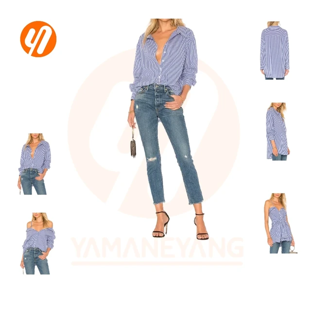 1928 Women's Striped Casual Long Sleeve Button-Down Sexy Plus Size Blouse Free Sample Wholesale New Two Piece Shirt