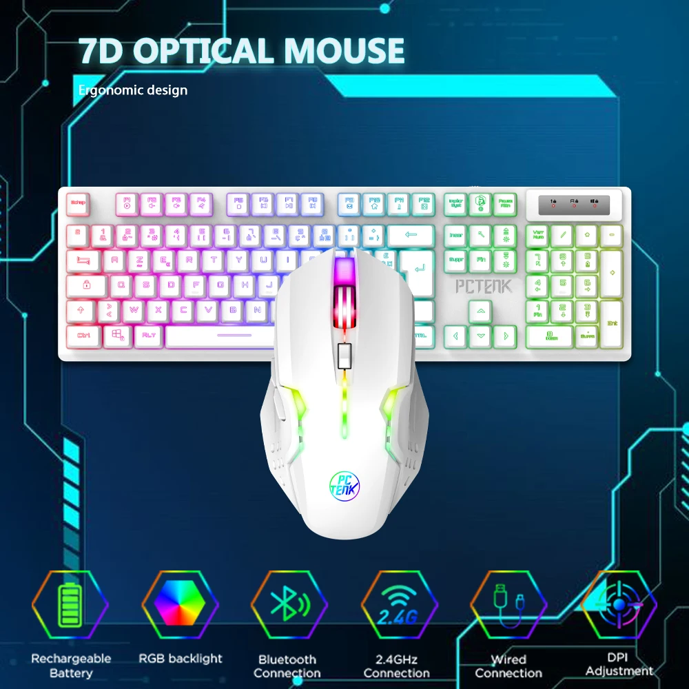 PCTENK XD82R Professionals Wireless LED Gaming Keyboard Mouse Combo Mini Rainbow Backlit aperçu 2