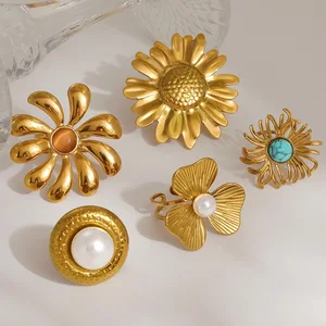 MW French Vintage Style 18K PVD Gold Plated Stainless Steel with Hyperbole Big Flower Pearl Trendy Jewelry Open Ring