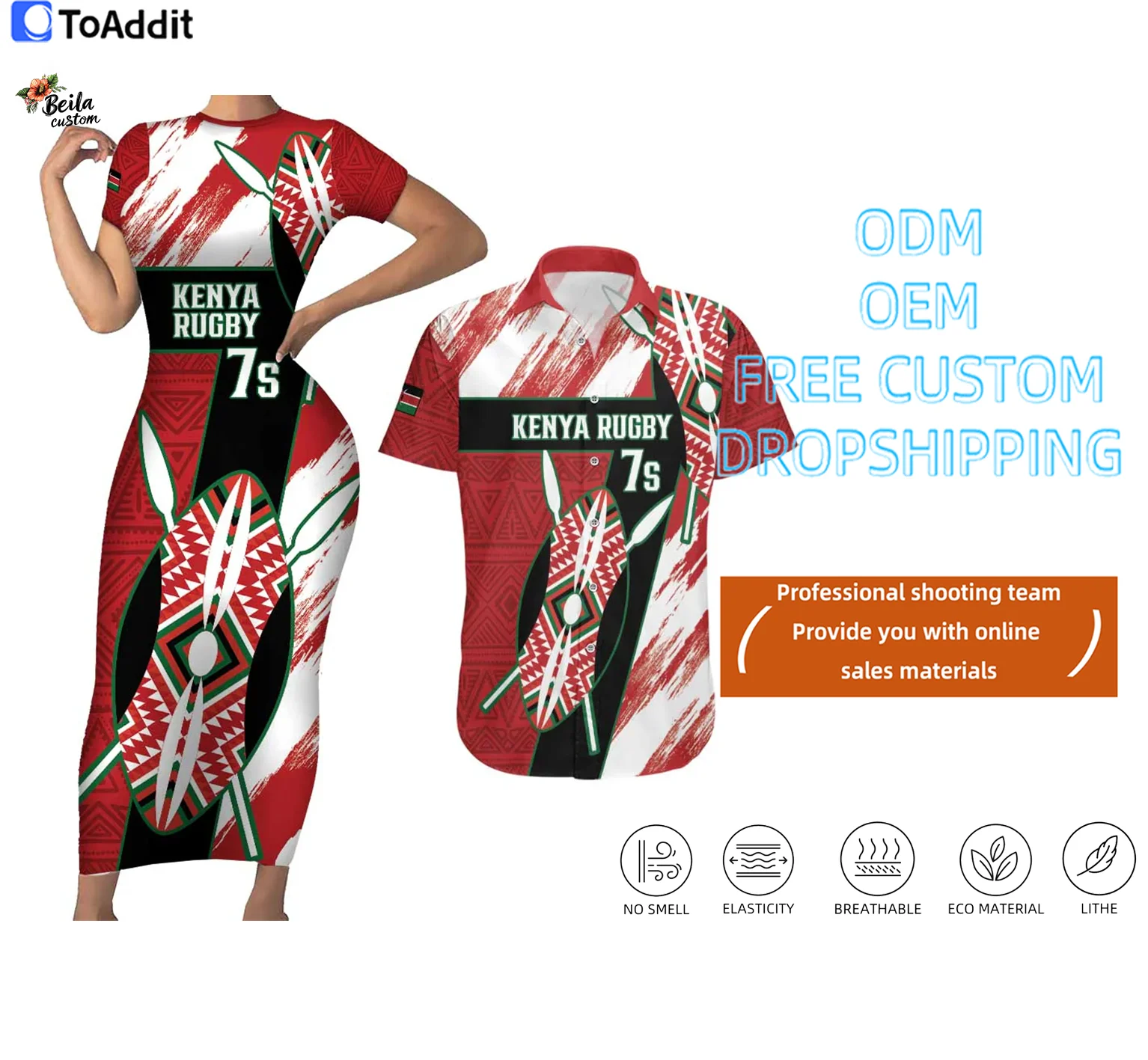Custom Kenya Flag Style Rugby Wrap Dresses Women Elegant Dress and Men Large Size Shirt