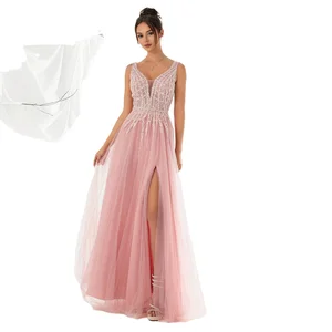 Vintage Baby Pink Chiffon Evening Dress for Girls Empire Waist A-Line Floor Length Slit V-Neck Spaghetti Strap Petal Solid