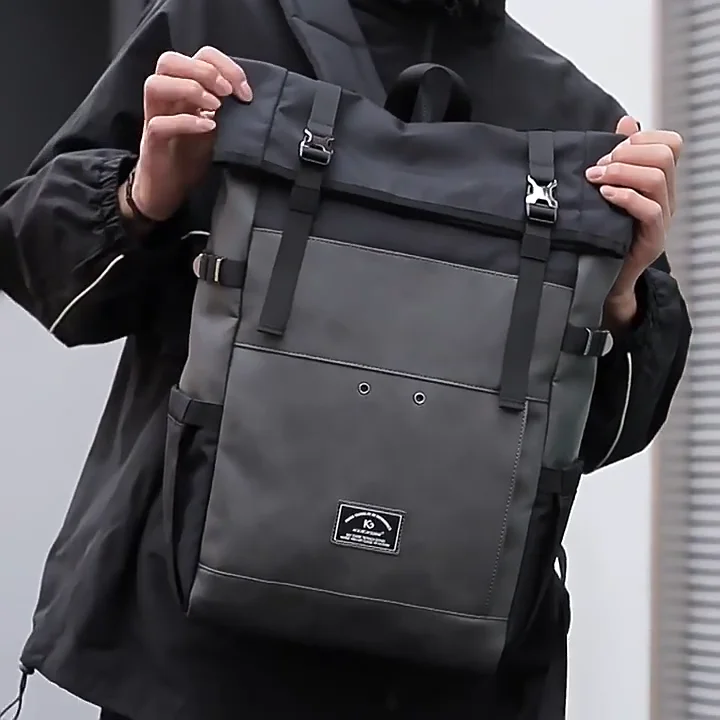 KOOGER Fashion Travel Laptop Backpacks Waterproof Unisex Oxford PU Leather  Roll Top Backpack for Men Women