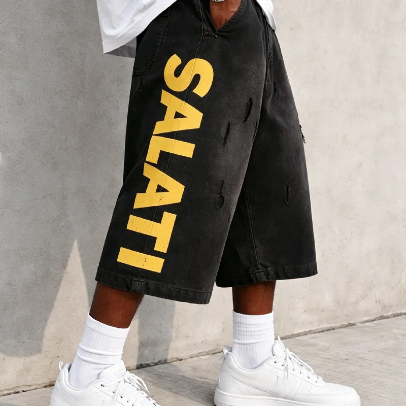 Men's Oversized Knee Length Ripped Distressed Baggy Vintage Acid Wash Sweat Jogger Shorts Drawstring Waist gallery 2