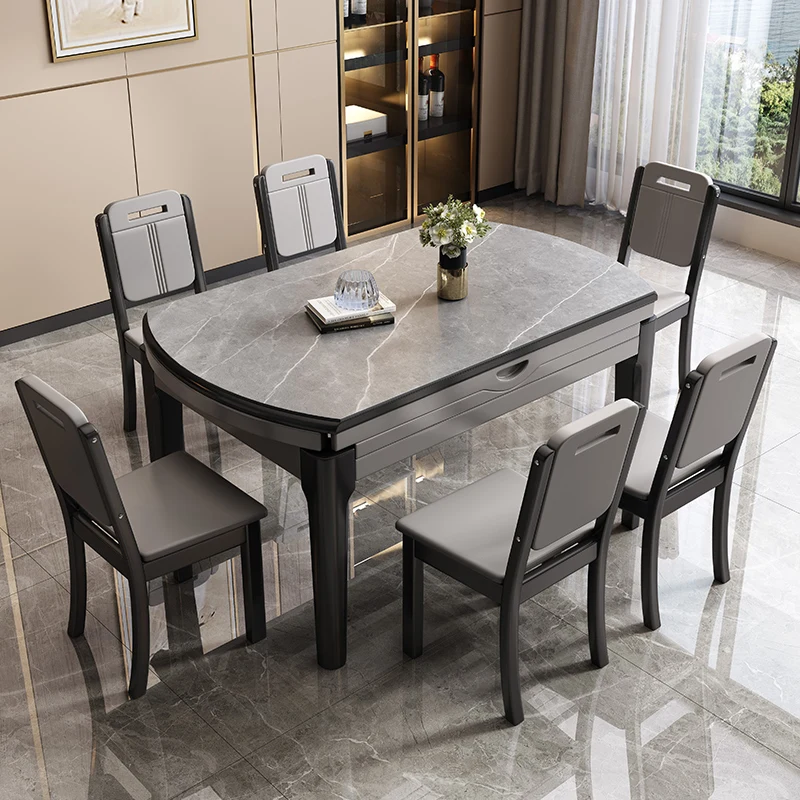 Slate Foldable Dining Table and Chairs Combination Solid Wood Modern Simple Light Luxury Telescopic Folding Dining Table