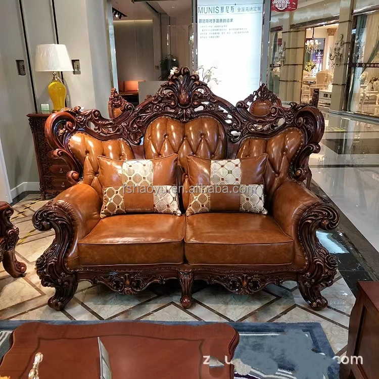 Europeanstyle Genuine Leather Sofa Set Sofa Wood Carving Living Room