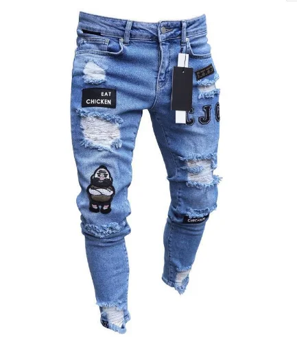Men's Skinny Jeans Embroidered Ripped 