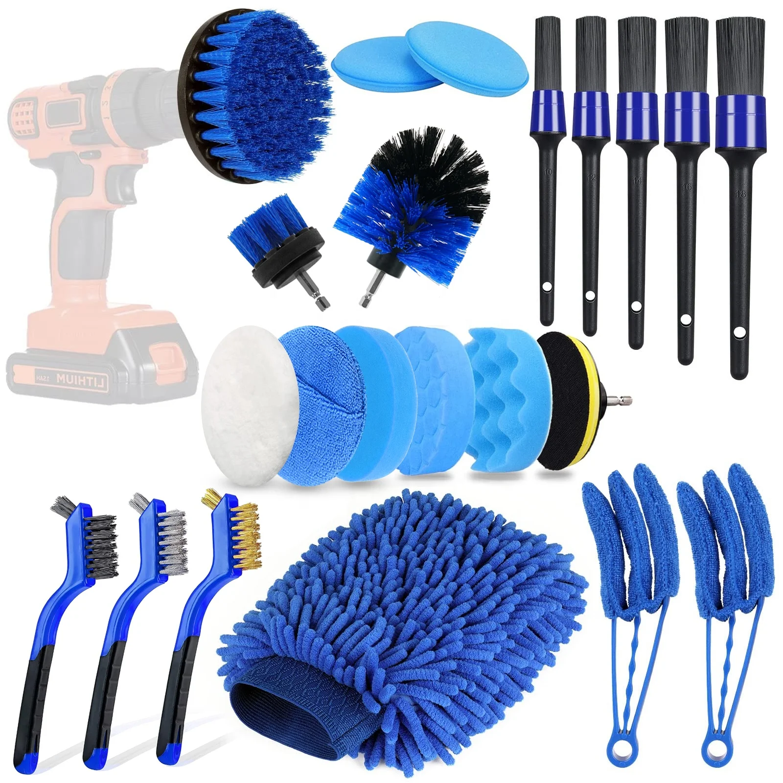22Pcs Car Detailing Kit Brushes Set Interior Cleaning With Auto Drill Soft Brush Attachment Sponge Polishing Pads Car Wash Brush