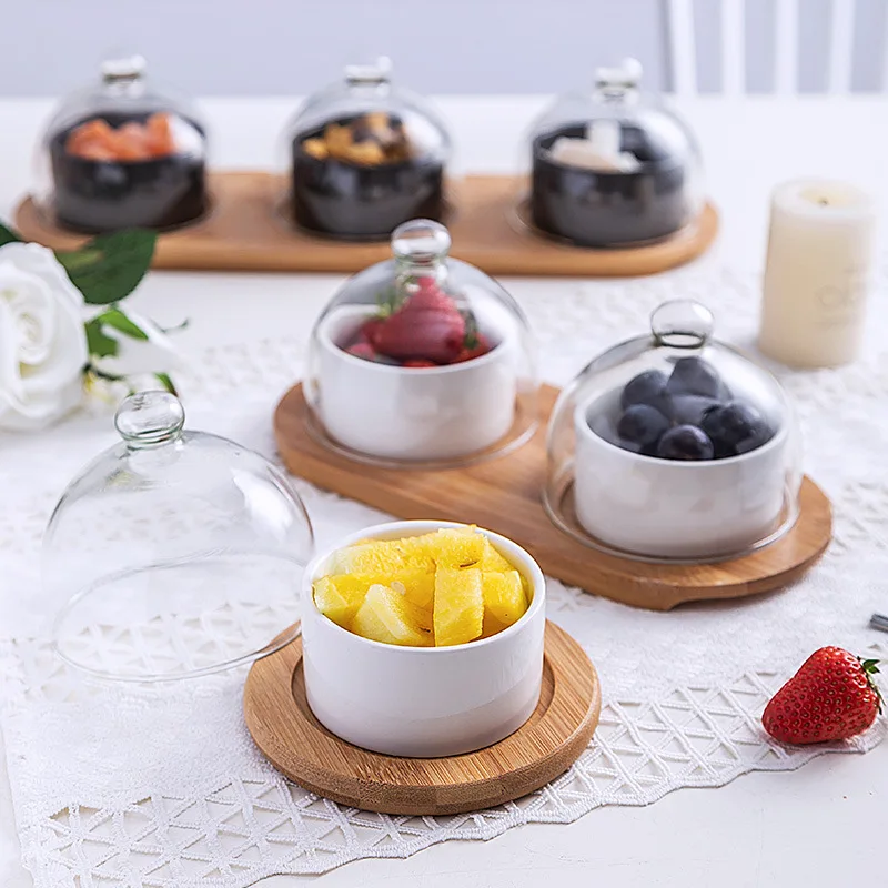 Dessert Serviert Ablett Mit Glas Abdeckung Keramik Small Snack Pudding Salats Ch Üssel Desserts Chale Mit Bambus Tablett Und Deckel