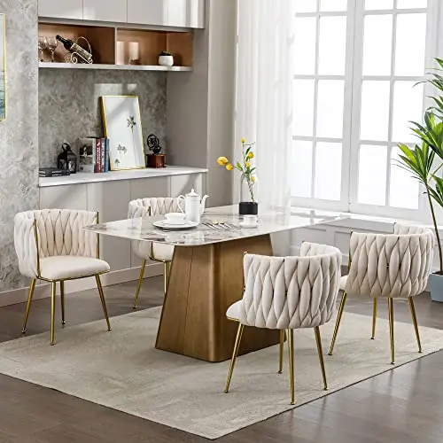 XY Best Velvet Set of 6 Gold Modern Dining Chair with Metal Legs Woven Upholstered  for Dining Room Kitchen 333088