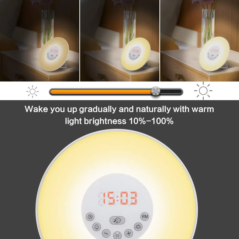 Sunrise Alarm Clock Wake up Light Digital Clock With Snooze Function 6 Nature Sound & FM Radio White Noise Machine Table Clock