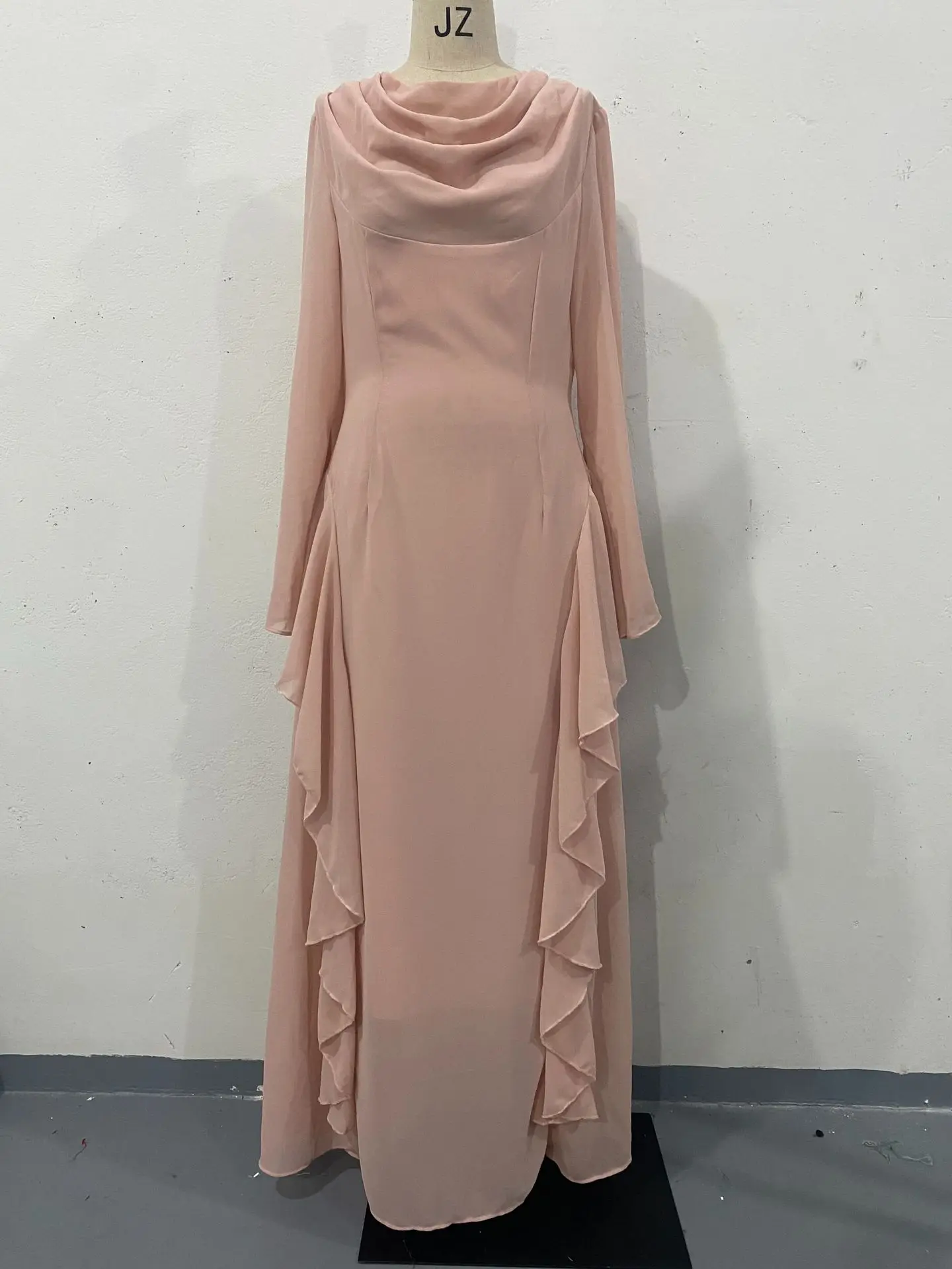 Dusty pink Pastel Color Polyester Fabric Ruffle Sleeve Midi Waist Stacked  Neck Casual Dress for Women