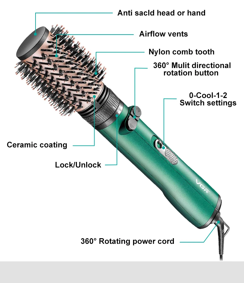 VGR V-498 1200W Hair Air Styling Power Cord Electric Hot Air Brush Comb description image 2