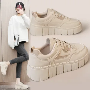 Fashion Girls Walking Style Chunky Sneakers PU Leather Students Sports Lace up Casual Shoes for Women