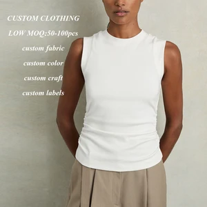 Factory Wholesale High Quality Ribbed tank Tops Women Sleeveless Solie Color Ruched Design Vest