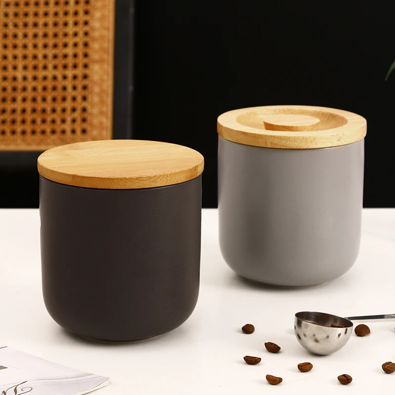 Ceramic Food Storage Jar Canister with Airtight Wooden Lid Modern Design Food Canisters Loose Tea Coffee Sugar Spice Nuts Snacks
