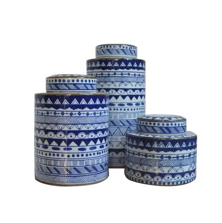 Jingdezhen Ceramic Customization Minimalist Style Ceramic  Decoration Blue and White Striped Decorative CylinderJars With Lid