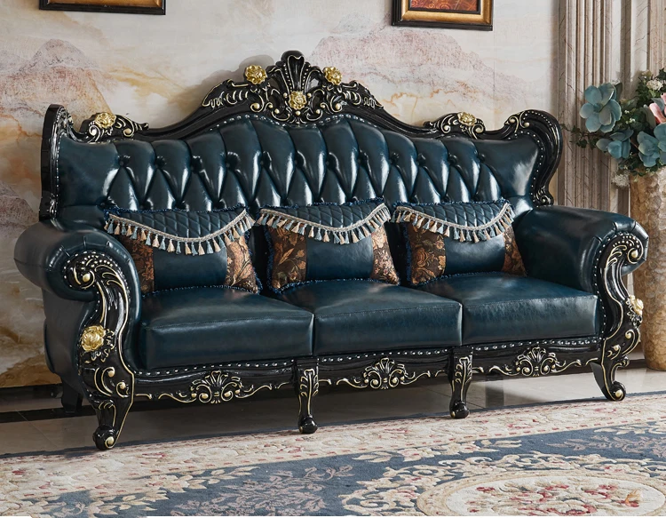 Europeanstyle Leather Combination Sofa Solid Wood Ebony Luxury Sofa