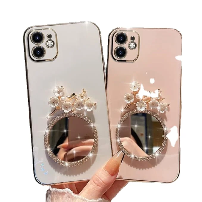 Laudtec Glitter Diamond Mirror Makeup Bling Case for iPhone 15 pro max Flower Floral Protection Soft Shockproof Cover Case