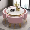 Stone-like pattern table+4 curved white and pink leather chairs