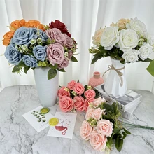 Wholesale Artificial Flower Bouquet Rose 7 Head Pink Orange Red for Room Decor Rose Silk Flower Bouquet 40cm for Valentine's Day