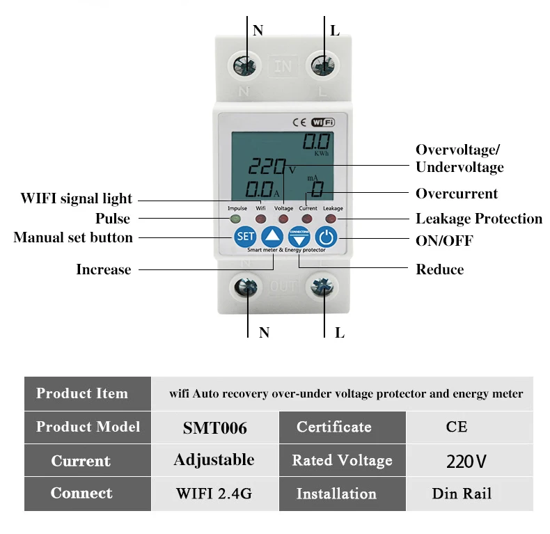 63A TUYA APP WiFi Smart Circuit Breaker Earth Leakage Over Under Adjustable Voltage Protector Relay/Energy Power KWh Meter