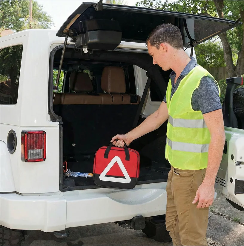 Driver in reflective safety vest retrieving a red roadside emergency kit bag from the trunk of a Jeep