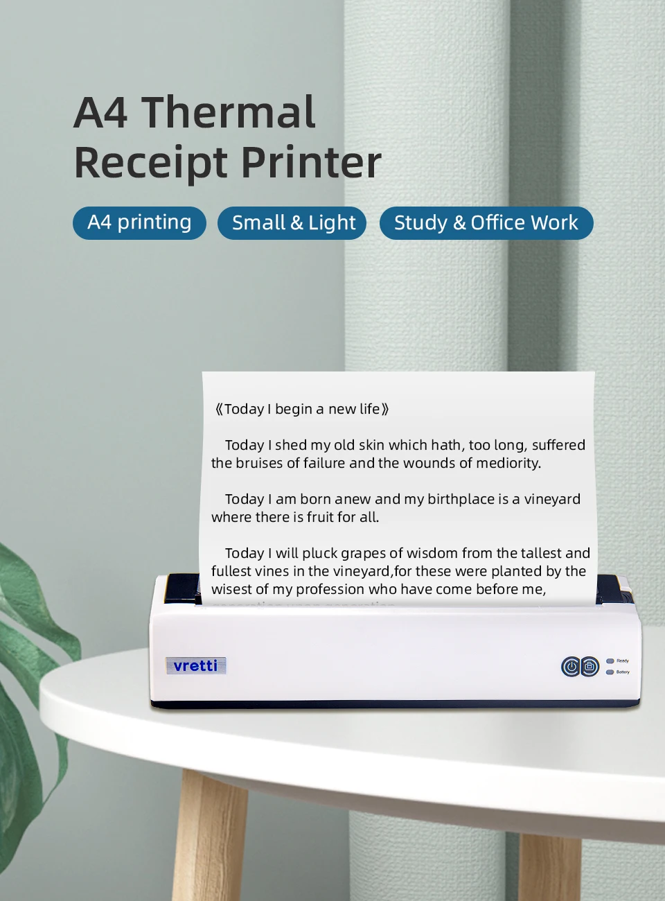 Rechargeable Portable Mini A4 Size Thermal Printer Supports Wireless