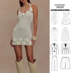 Custom Summer Backless Hollow Out Casual Vacation Dress Sexy Knit Bodycon  Crochet Flower Halter Mini Dress