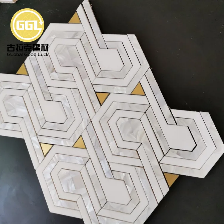 Nature Shell Mix Brass and Marble Waterjet Mosaic Tiles for Wall Decoration