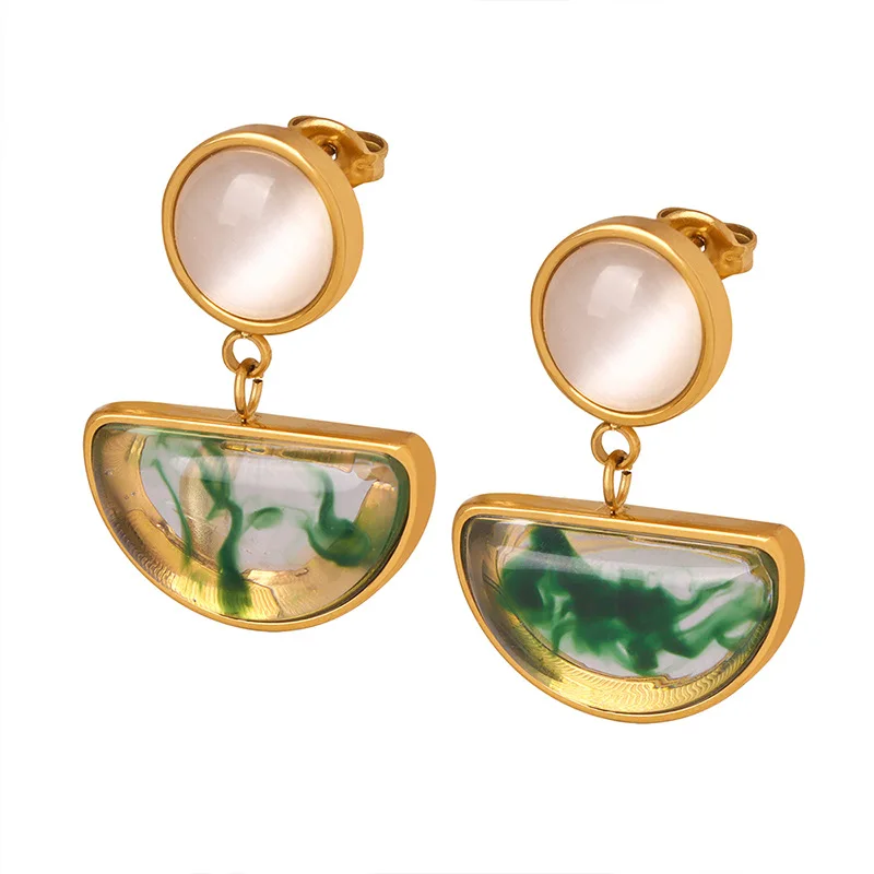Natural Resin Glazed Gemstone Earring White Opal Stone Gold Plated