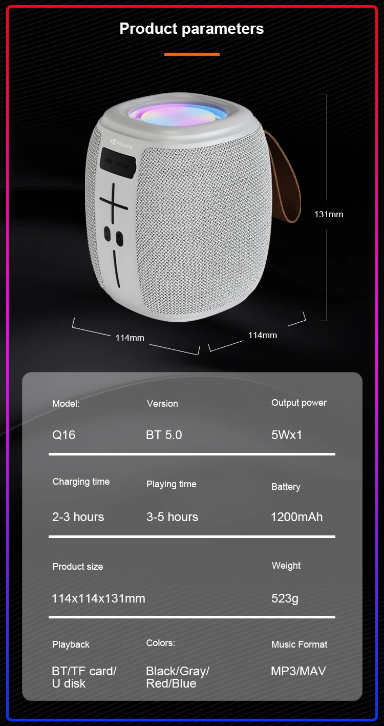 Kisonli Q16 Lighting Speaker Led Wireless Tws Function Blue Tooth Speakers