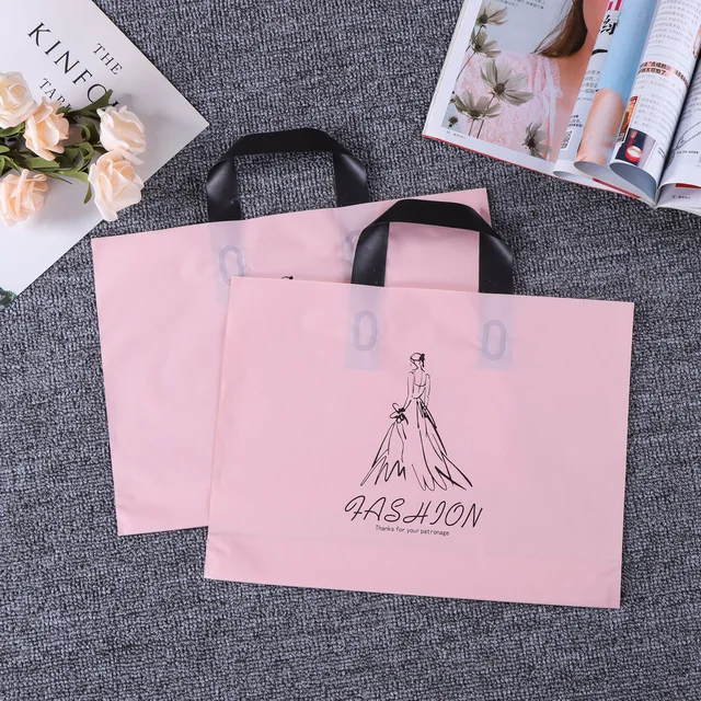 High Quality Customized Logo Print Light Pink Plastic Shopping Carrier Bag Packaging Clothes Shoes For Small Business