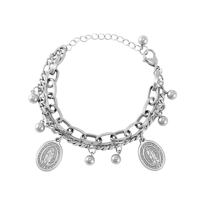 Women's Stainless Steel Bracelets Charm Religious Virgin Mary Double