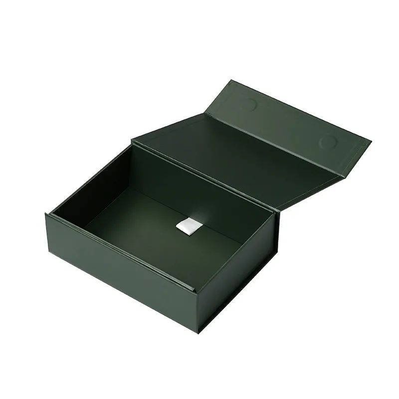 Custom Magnetic Folding Box Forest Green Matte Fabric Pull Tab Flat Pack Design for Fashion Apparel Packaging Wholesale Supplier