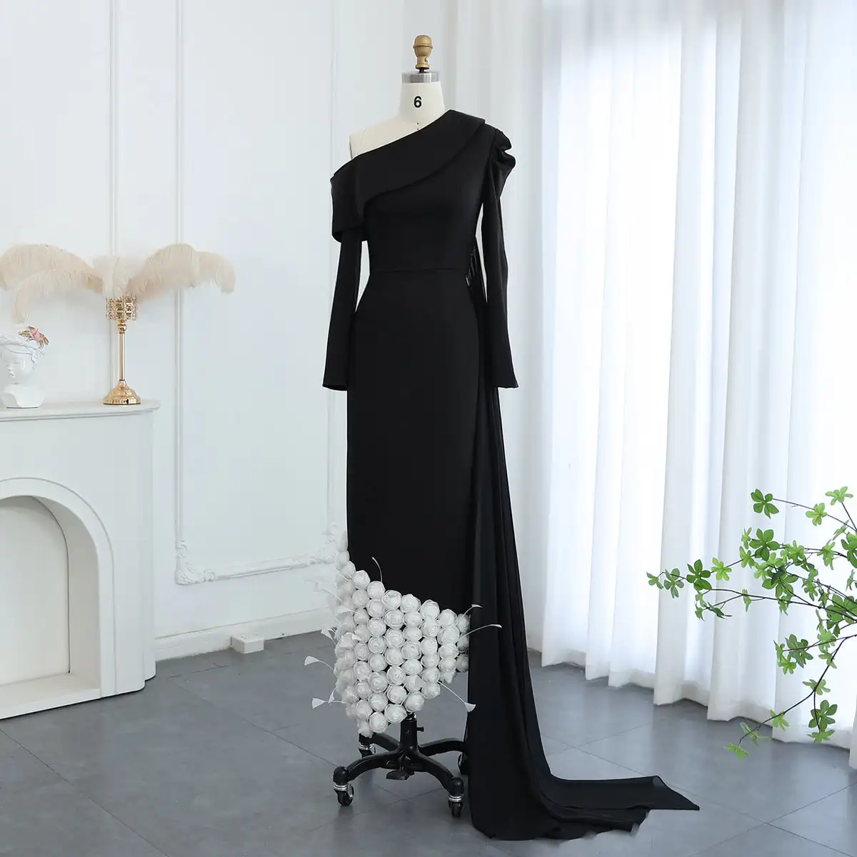 knee length dresses for ladies Black One Shoulder Long Sleeve Maxi Dress With Slit