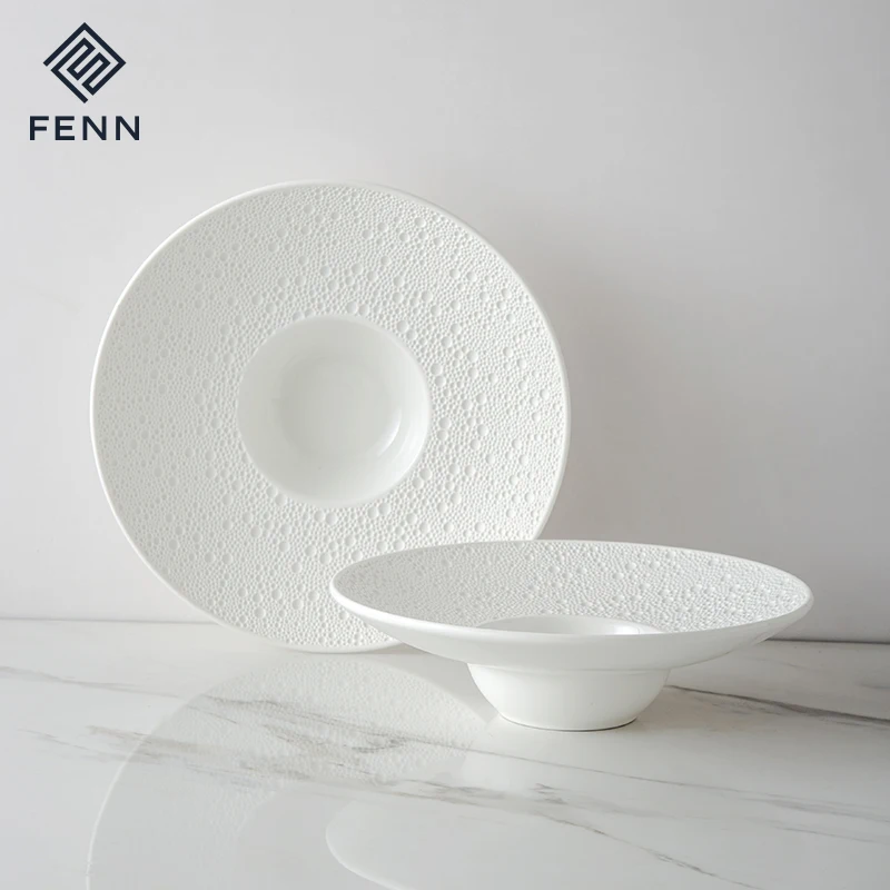 Modern Luxury Style Ceramic Soup Sauce Plate Lunar Surface Hat Shape Hotel Porcelain Pasta Plate For Restaurant