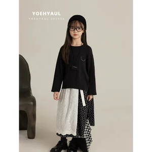 YOEHYAUL CD2263 4-15Y Girl Long-sleeved T-shirt Tops Girls Crew Neck Loose Underwear Anti-pilling Pullover Teen T-shirt