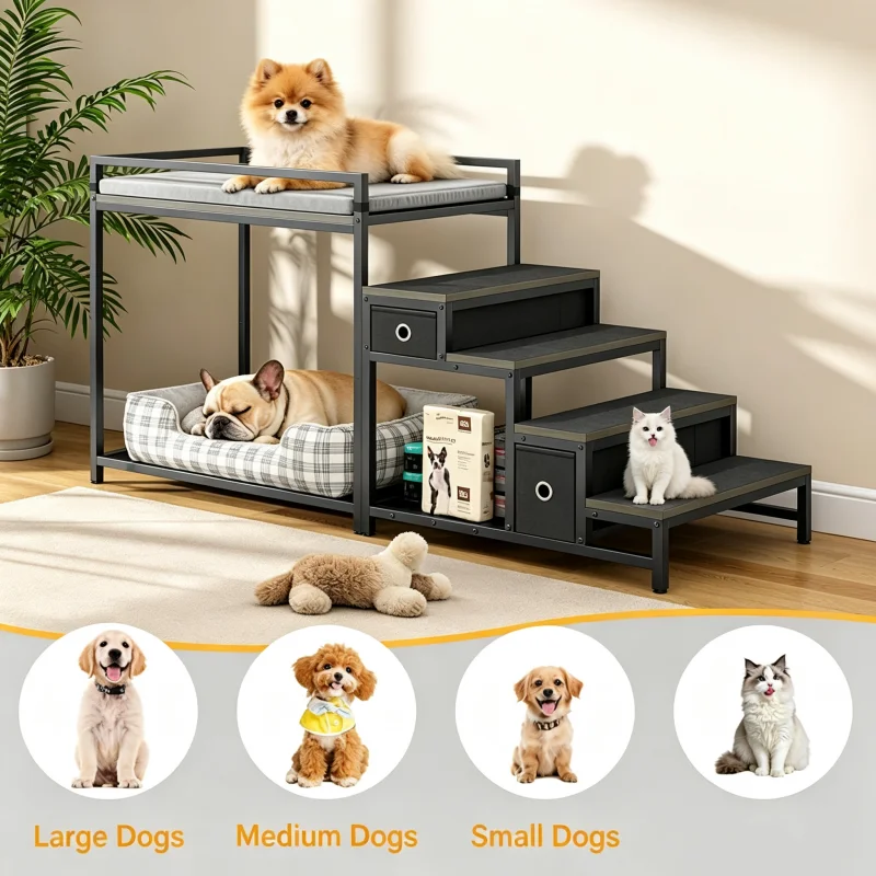 Metal Frame Pet Climbing Bed Detachable Dog Stair Steps Double Storage Iron Sofa Bed Elevated Dog Bed With Storage Drawers