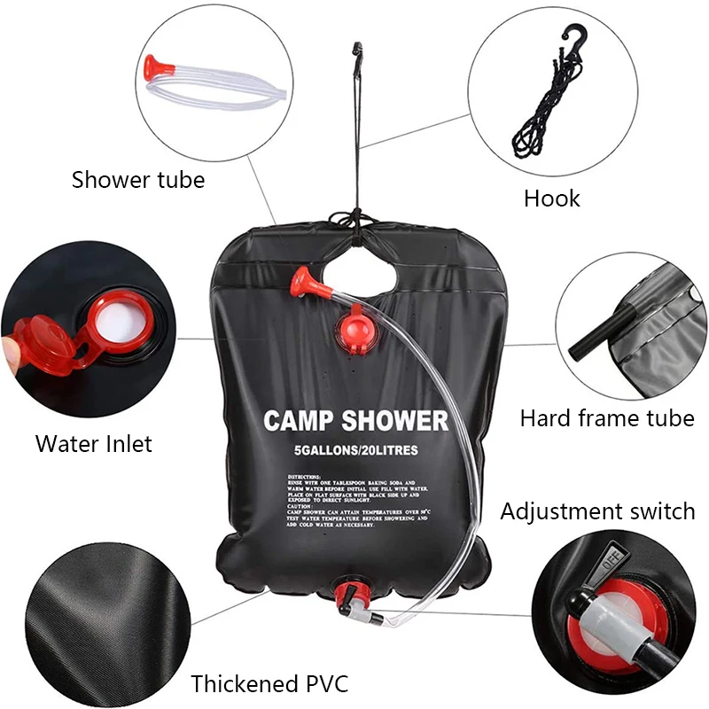 Bobosky Pvc 20l Solar Heating Outdoor Camping Shower 5 Gallons Portable