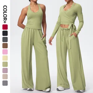 New Breathable Long Sleeve Sports Yoga Sportswear Drawstring Wide Leg Loose Trousers Outdoor Workout Set