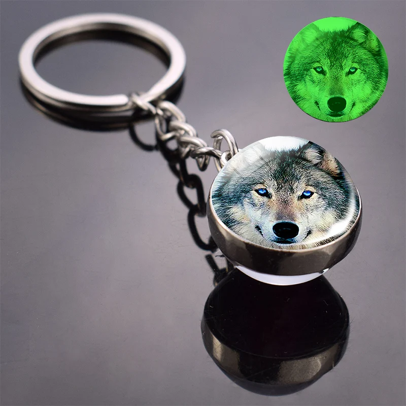 Glow in the Dark Wolf Key Chain - Howling Wolf & Moon Pendant